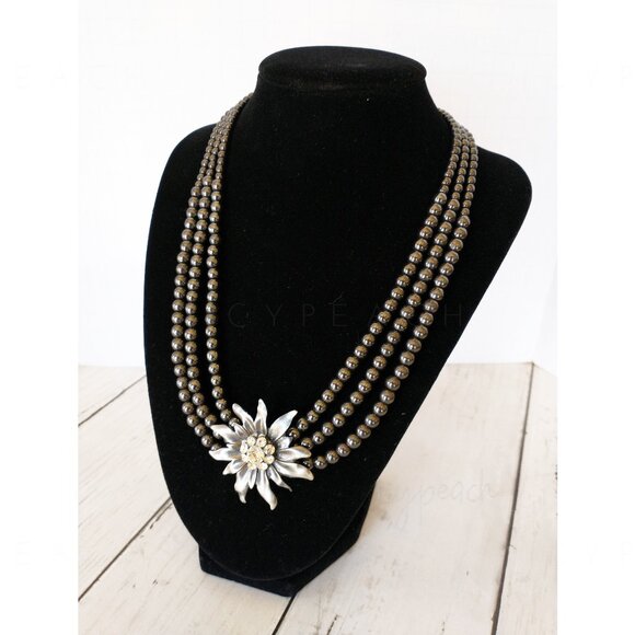 Handmade Floral Beaded Necklace Hematite Triple Layer Corsage Jewelry Whimsigoth - Picture 8 of 11